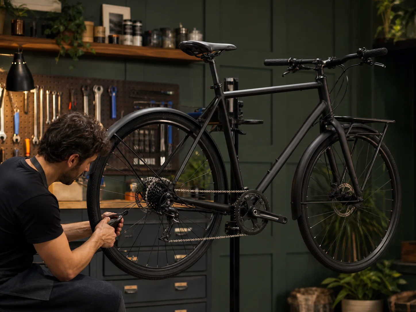 Matte-black bicycle in a repair workshop