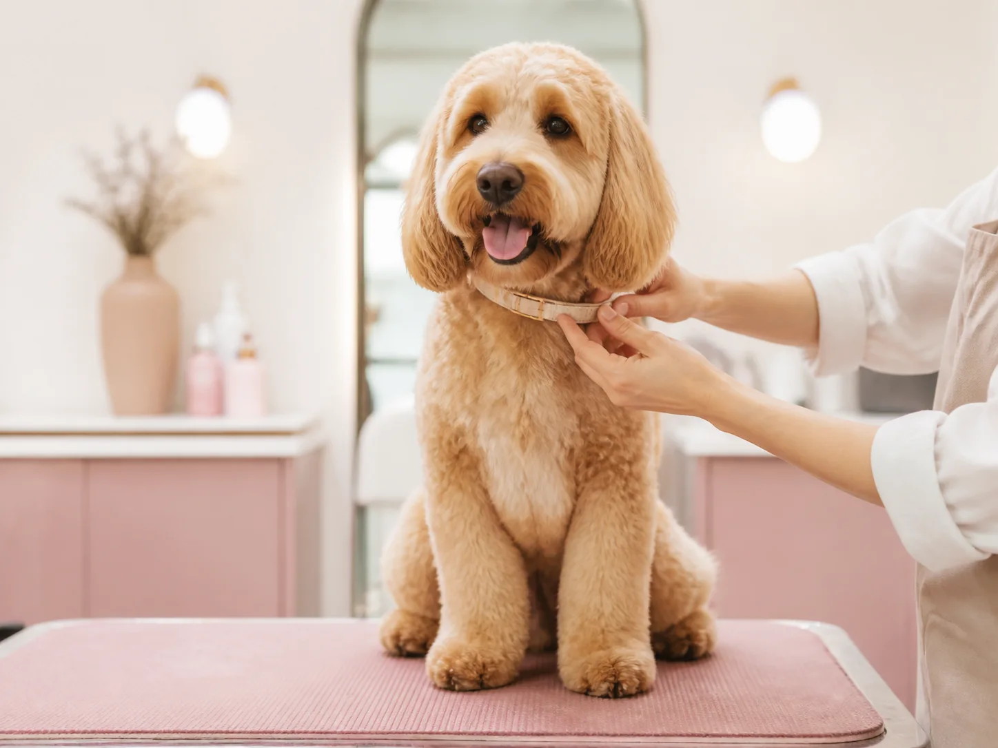 Freshly groomed golden doodle in a bright pet studio