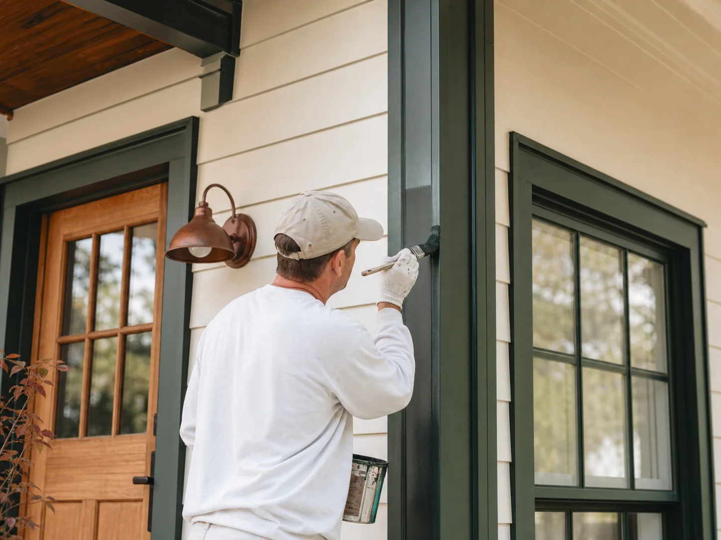 Craftsperson painting green trim on a white home
