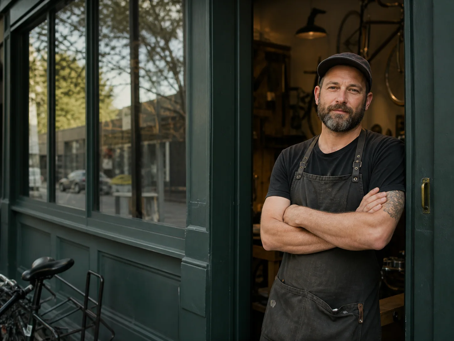 Independent bicycle repair shop owner standing in the doorway of a green storefront