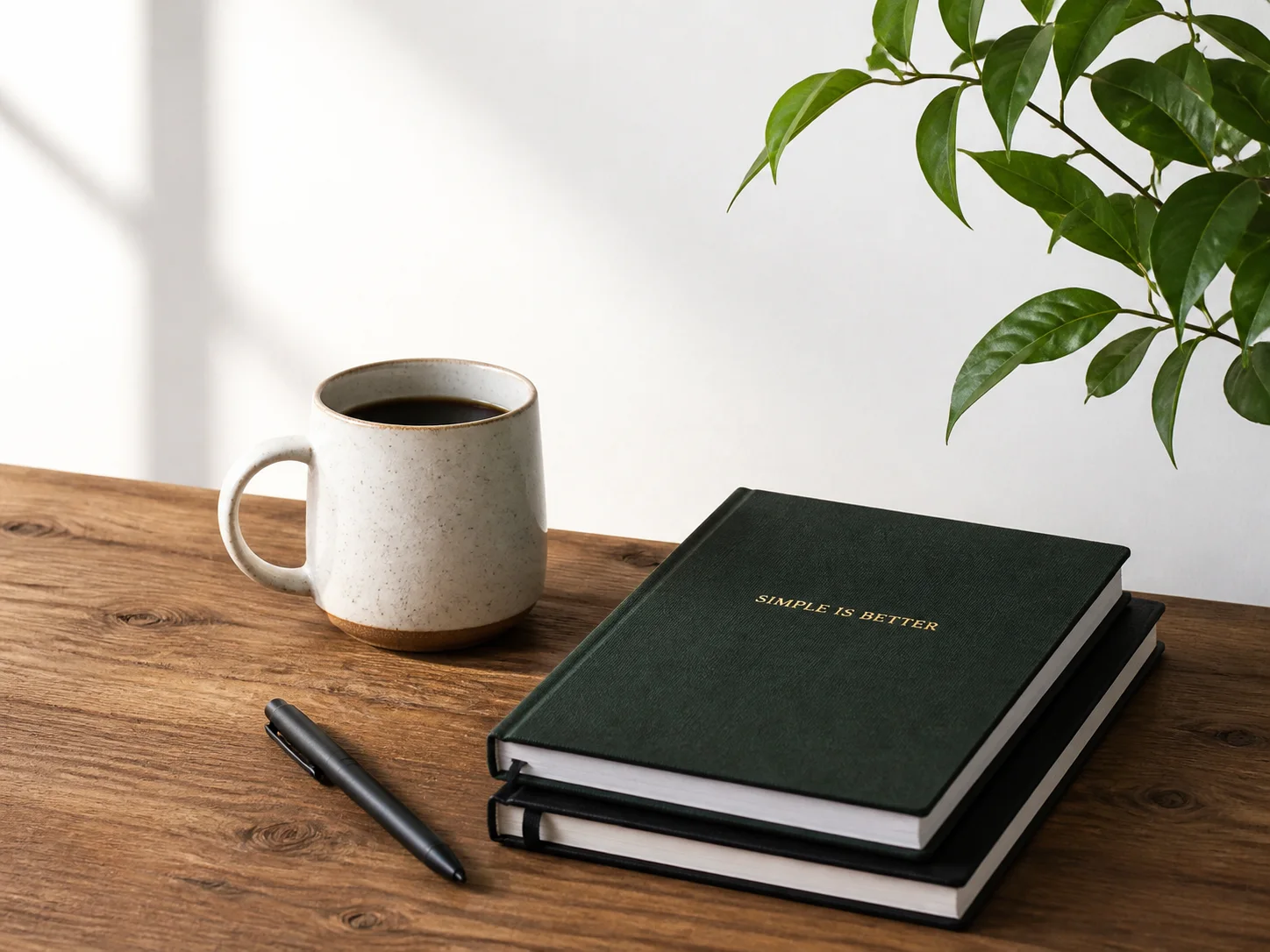 Coffee, notebooks, and a green notebook embossed with the words Simple is better