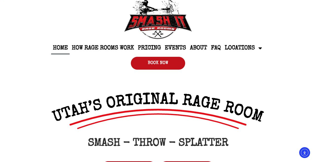 New Smash It Rage Rooms homepage: Utah’s Original Rage Room, with booking and Smash–Throw–Splatter activities